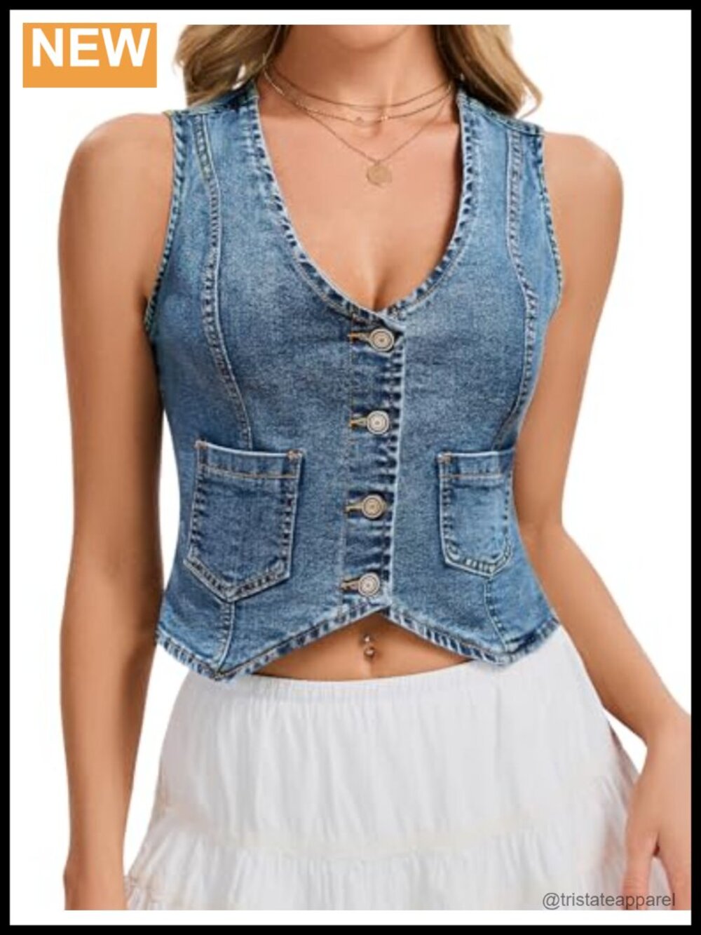 Cropped Denim Vest Sleeveless V-Neck Button Down Jean Top
